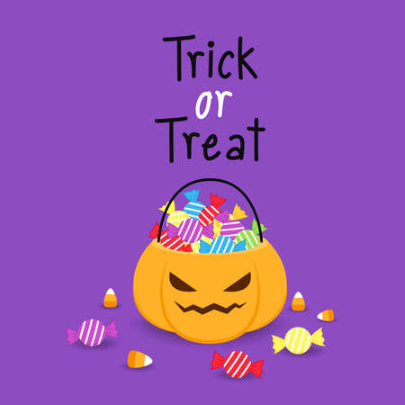Trick or treat. Halloween pumpkin basket. Jack o lantern Bowl. Flat style vector illustration.のイラスト素材