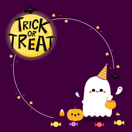 Halloween frame. Abstract Halloween Greeting Card Template with Free Text Space- Frame Silhouette. Trick or treat design with cute pumpkin.のイラスト素材