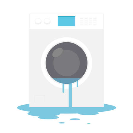 Broken washing machine vector. Washing machine on white background. Water leak.のイラスト素材
