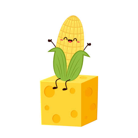 Corn and Cheese vector. Corn and Cheese character design. Corn on white background. Cube cheese.のイラスト素材