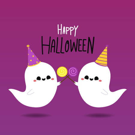 Happy halloween party greeting card with cute ghost. Holidays cartoon character. Trick or treat design with cute pumpkin. Halloween funny cartoon.のイラスト素材