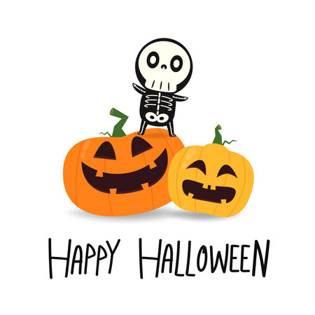 Cute Skeleton and Pumpkin head in Halloween day. Skeleton in Halloween day.のイラスト素材
