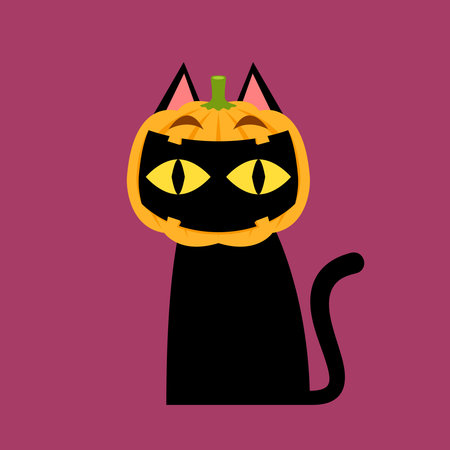Black cat in Pumpkin head. Black kitten. Funny Cute kawaii cartoon baby character. Happy Halloween. Flat design.Vectorのイラスト素材