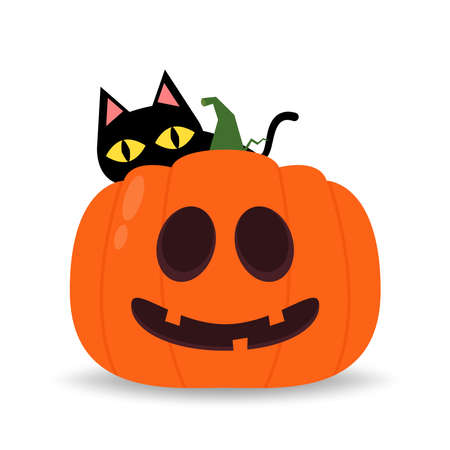 Cute black cat and Pumpkin head in Halloween day. Happy halloween greeting card with monster pumpkin and black cat. Holidays cartoon character.のイラスト素材
