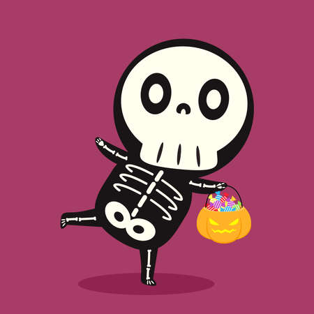 Cute Halloween skeleton cartoon. Skeleton in Halloween day. Halloween character cartoon. Happy Halloween greeting card.のイラスト素材
