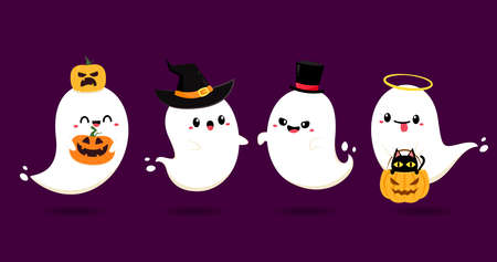 Happy halloween party greeting card with cute ghost. Holidays cartoon character. Cute spooky ghosts.のイラスト素材