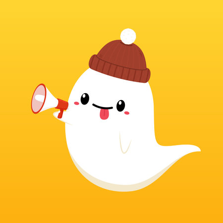 Happy halloween party greeting card with cute ghost. Holidays cartoon character. Trick or treat design with cute pumpkin. Halloween funny cartoon.のイラスト素材