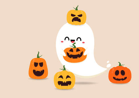 Happy halloween party greeting card with cute ghost. Holidays cartoon character. Trick or treat design with cute pumpkin. Halloween funny cartoon.のイラスト素材