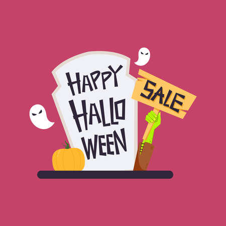 Halloween Sale tag. Halloween Sale Vector Badges and Labels in Retro Style on Light Background. Headstone. tomb. Zombie hand.のイラスト素材