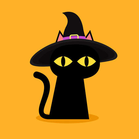 Cute black cat in a witch hat sitting in Halloween day. black cat cartoon vector.のイラスト素材