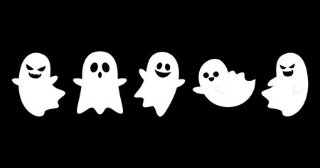 Happy halloween party greeting card with cute ghost. Holidays cartoon character. Cute spooky ghosts.