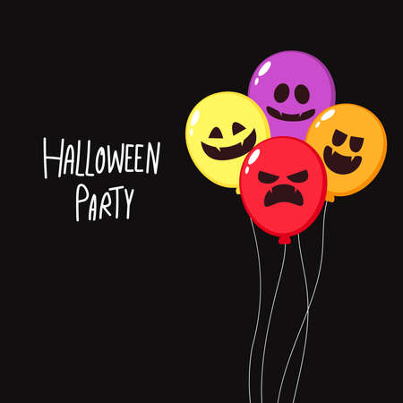 Balloon Halloween cartoon set. Bunch glossy helium air balloons with spooky, scary, funny faces flat party collection.のイラスト素材