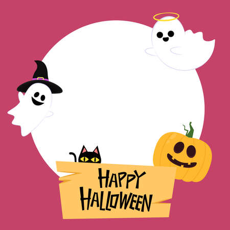 Halloween frame. Abstract Halloween Greeting Card Template with Free Text Space- Frame Silhouette. Trick or treat design with cute pumpkin.のイラスト素材