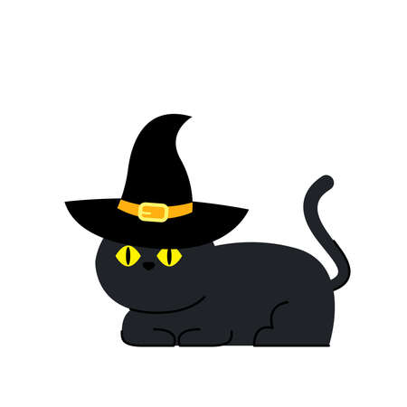 Cute black cat in a witch hat sitting in Halloween day. black cat cartoon vector.のイラスト素材