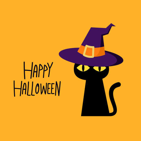 Cute black cat in a witch hat sitting in Halloween day. black cat cartoon vector.のイラスト素材