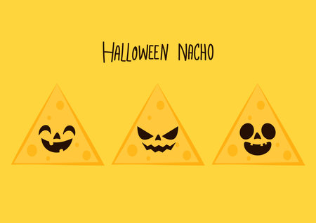 Halloween pumpkin faces on Nacho. Nacho vector. Nachos on yellow background.のイラスト素材