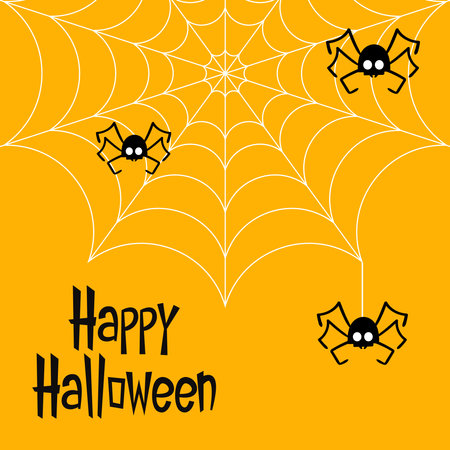 Spider hanging on spider web clipart. Vector illustration silhouette isolated on yellow background. Spider in halloween.のイラスト素材