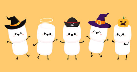 Marshmallow cartoon. marshmallow character design. Marshmallow in a halloween party hat. Halloween dessert. Halloween party.のイラスト素材