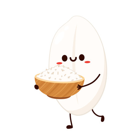Rice cartoon and rice bowl on white background vector illustration. Cute food mascot logo for restaurant.のイラスト素材