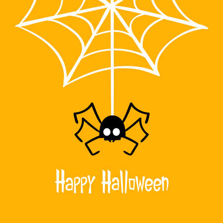 Spider hanging on spider web clipart. Vector illustration silhouette isolated on yellow background. Spider in halloween.のイラスト素材