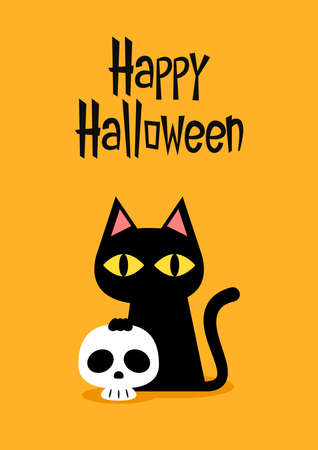 Happy halloween party greeting card with cute Black cat and skull. Holidays cartoon character. Trick or treat. Halloween funny cartoon.のイラスト素材