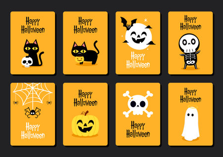 Happy halloween party greeting card with cute ghost. Holidays cartoon character. Trick or treat. Halloween funny cartoon. Halloween card setのイラスト素材