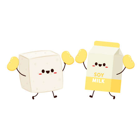 Tofu and Soy milk character design. wallpaper. free space for text. poster. Tofu and Soy milk mascot.のイラスト素材