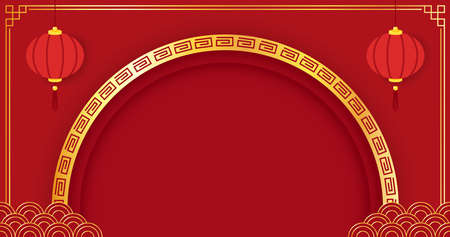 Happy Chinese new year 2023. Chinese new year banner with circle for show product. Greeting card. China frame with lantern on red background.のイラスト素材