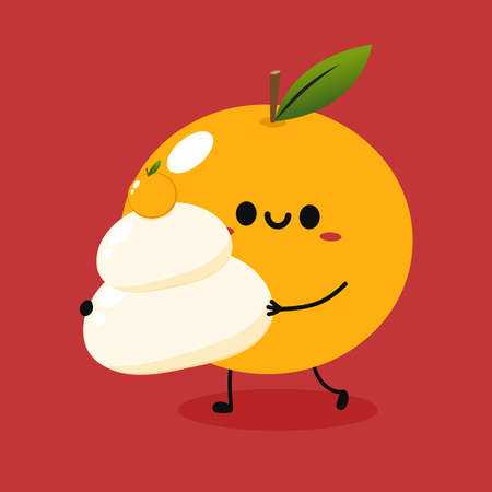 Mandarin orange on shadow flat design vector - illustration. Chinese New Year Mandarin Orange and . Orange mascot. New Year Kagami Mochi Rice Cakeのイラスト素材