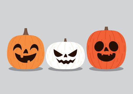 Pumpkin head set. Cute and scary halloween pumpkin monster set. Holidays cartoon character in flat style collection.のイラスト素材