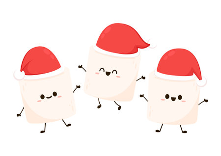 Marshmallow cartoon. marshmallow character design. Marshmallow with a Santa claus hat.のイラスト素材