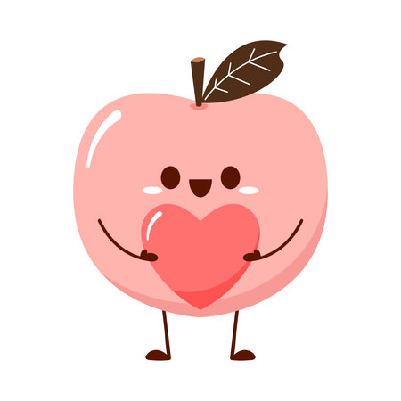 Peach cartoon vector. Doodle peach with leaves icon. Peach fruit in shape of heart isolated on white background. Farm, natural food, fresh fruits.のイラスト素材