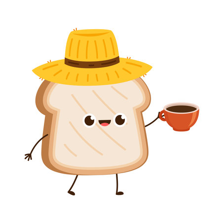 Bread character design. Cute funny bread toast character. Vector flat line cartoon kawaii character illustration icon. Toast with face character mascot. Farmer hat. Peasant hat vecのイラスト素材