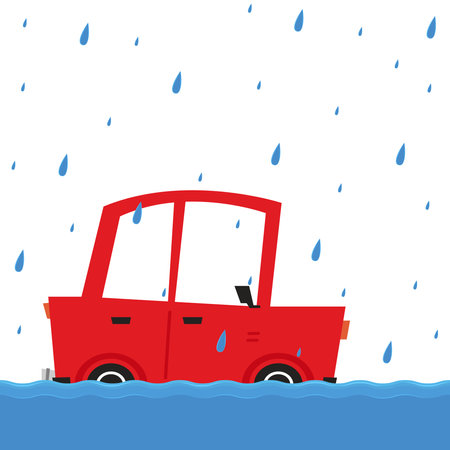 Flooded road vector. Road flooding. A Car trying to drive against flood on the street.のイラスト素材