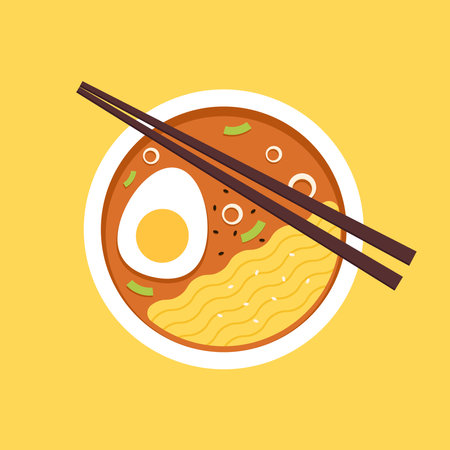 Japanese ramen noodle soup illustration vector. (Japanese food). Japanese ramen top view.のイラスト素材