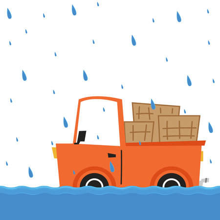 Flooded road vector. Road flooding. A truck trying to drive against flood on the street.のイラスト素材