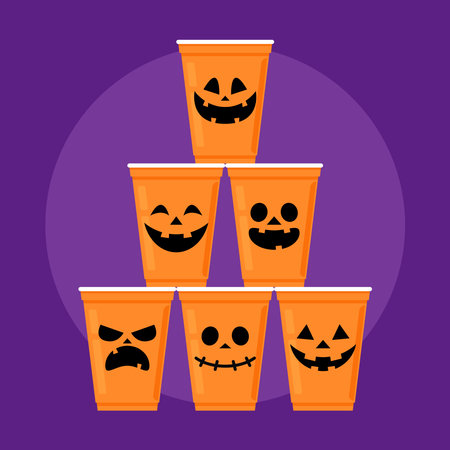 Halloween face on plastic cup. Party cup isolated. background, vector illustration. Halloween beer cup vector. Beer pong. Halloween face on plastic cup.のイラスト素材