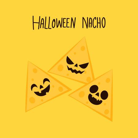 Halloween pumpkin faces on Nacho. Nacho vector. Nachos on yellow background.のイラスト素材