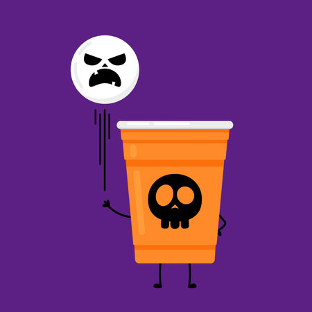Halloween face on plastic cup. Party cup isolated. background, vector illustration. Halloween beer cup vector. Beer pong. Halloween face on plastic cup.のイラスト素材