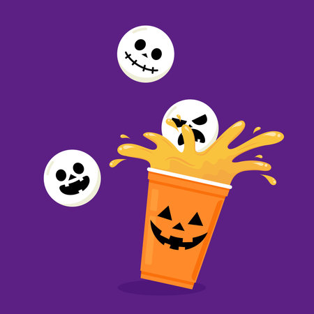 Halloween face on plastic cup. Party cup isolated. background, vector illustration. Halloween beer cup vector. Beer pong. Halloween face on plastic cup.のイラスト素材
