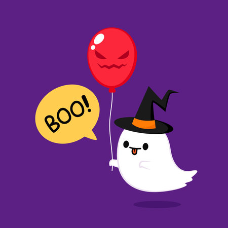 Happy halloween party greeting card with cute ghost. Holidays cartoon character. Trick or treat. Halloween funny cartoon.のイラスト素材