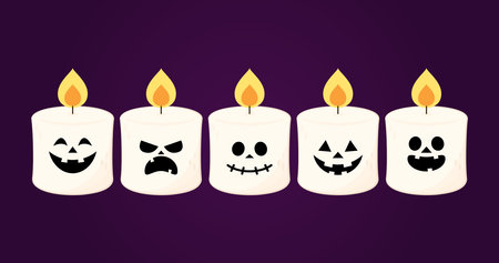 Marshmallow cartoon. marshmallow character design. Marshmallow or candle in a with cute pumpkin face. Halloween dessert.のイラスト素材