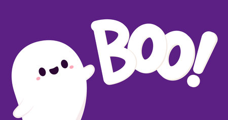 Happy halloween party greeting card with cute ghost. Holidays cartoon character. Trick or treat. Halloween funny cartoon. Boo! banner.のイラスト素材