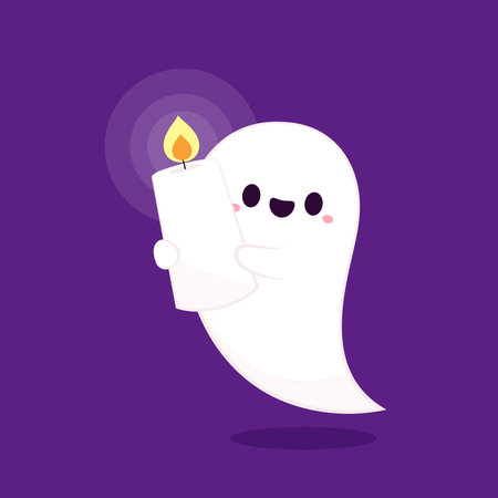 Happy halloween party greeting card with cute ghost. Holidays cartoon character. Trick or treat. Halloween funny cartoon.のイラスト素材