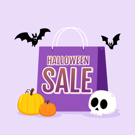 Halloween sale banner. Shopping paper bag handle. Present inside. Special offer. Happy Halloween sign symbol template for sale banner. Flat design.のイラスト素材