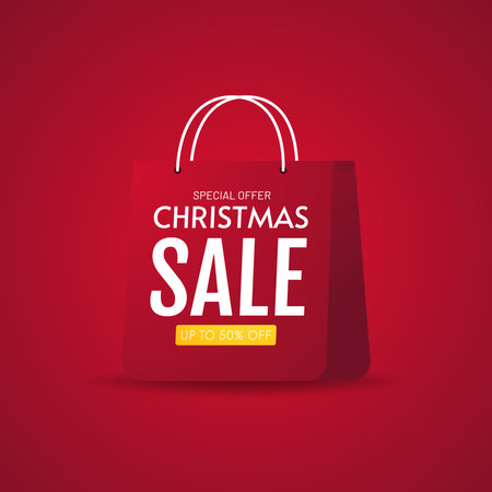 Christmas Sale design template with cute papercraft shopping bag and holiday decoration.のイラスト素材