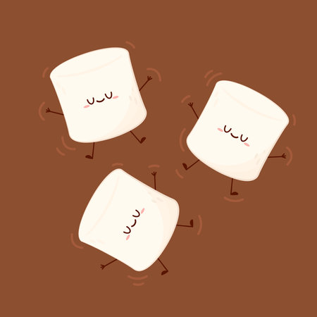 Funny Marshmallows characters in chocolate drink. Marshmallows character design. Dessert cartoon.のイラスト素材