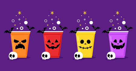 Halloween face on plastic cup. Party cup isolated. background, vector illustration. Halloween beer cup vector. Beer pong. Halloween face on plastic cup.のイラスト素材
