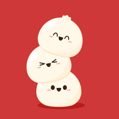 Cute Dim sum character, traditional Chinese dumplings, with funny smiling faces. Kawaii Asian food vector.のイラスト素材