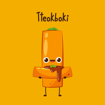 Cute Tteokbokki noodle cartoon. Korean street food. simple vector sausage. Tteokbokki is korean food.のイラスト素材